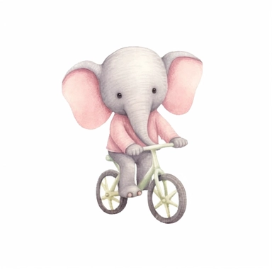 nursery cartoon clip art, cute baby elephant, riding a bike, soft pastel colors, clean isolated image, plain white background,
