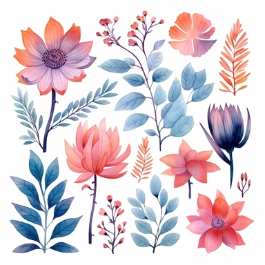 atercolor, handpainted floral clipart, transparent background, 6 elements evenly spaced out by 1 inches