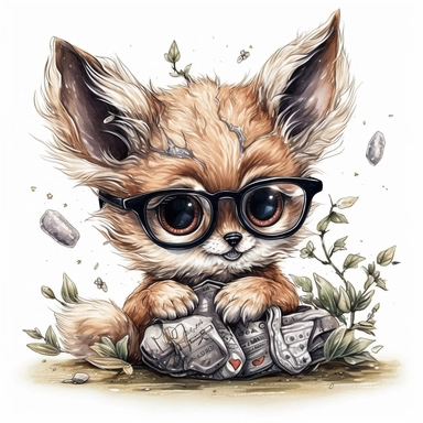 kawaii adorable fantasy baby coyote wearing cute glasses, nursery art, clipart image, line art image, white background, inspired by yoshitaka amano art, very detailed, 8k