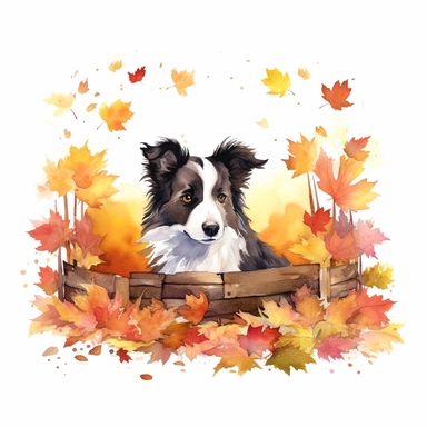 A whimsical scene featuring a Border Collie engaged in a game of hide-and-seek among colorful autumn leaves, creating a playful and enchanting atmosphere, white background and watercolor clipart.