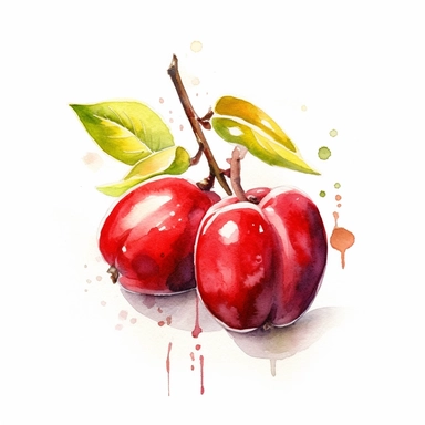 A charming clipart-style watercolor illustration of a Jujube fruit, set against a clean and pristine white background. The Jujube is depicted with a delightful and whimsical touch, showcasing its round shape, vibrant red color, and textured skin in a playful and inviting manner. The watercolor technique adds a soft and organic quality to the illustration, enhancing the natural beauty of the fruit. Each brushstroke and color choice accentuates the Jujube's sweetness and appeal, creating a visuall