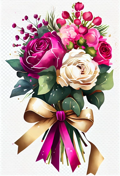 Roses bouquet Fuchsia and cream, gold bow in the bouquet, Watercolor Clipart