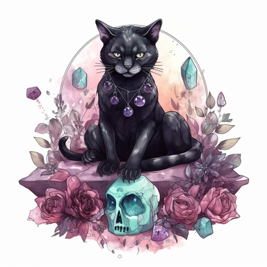 hand drawn black cat, sitting with front paw resting on a skull, flowers and crystals, shades of burgundy purple and teal, romantic and edgy, very detailed and realistic, watercolor, clipart style