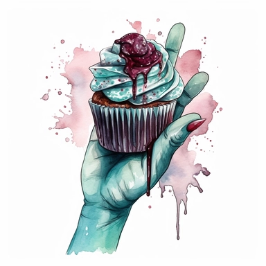 Hand drawn cupcake with a zombie arm reaching out of the center of cupcake as if the cupcake is a grave, shades of teal and burgundy, goth, glamorous, Halloween, very detailed and realistic, watercolor, white background with margins, clipart style
