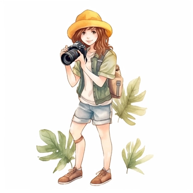 Cute adventurest female photographer with a camera, Cute and sunny outfit, Watercolor style, clipart solid white background