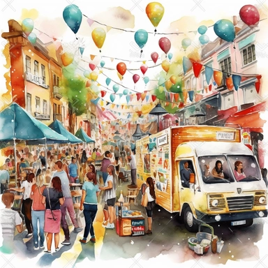 A lively street party with food trucks, live music, and colorful decorations, watercolor illustration with photorealistic high details clipart, white background