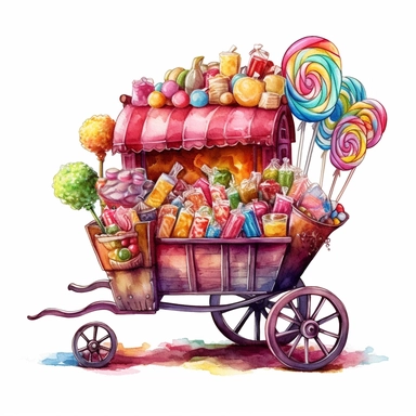Fairytale style beautifull cart full of candies in the candyland with watercolor effect,candyland scene,candies,fantasy style,realistic features,vibrant colors,suitable for digital clipart,white background