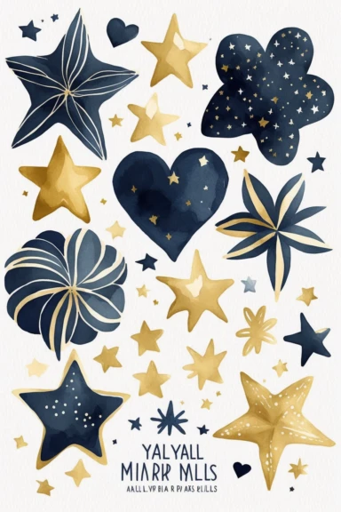 collection of clipart, stars theme, six big stars, small hearts, modern watercolor. by mary blair. white background, navy blue, golden,