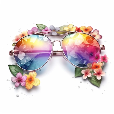 create a clipart featuring a pair of floral aviator mirrored sunglasses, a straight view, a mix of vibrant and pastel colors, rainbow colors, watercolor, against a white background, detailed