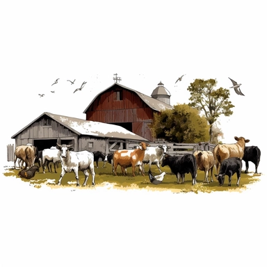 Turkey and Cattle and Sheep on the Farm ， White background ， Clip Art Style ，