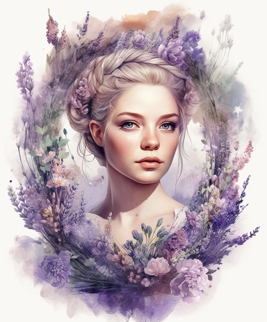 watercolor portrait of a beautiful charming feminine Lavenderpunk woman in wreath made of wild flowers and leaves and lavender and jewelry, lace and chiffon, provence, meadow, masterpiece by Hanz Zatzka style and by Anna Dittmann style, golden accents, rococo fashion, many small and colorful particles, PNG clipart, isolated on white, extreme photorealistic details, 32k HD resolution, realistic high detailization high resolution