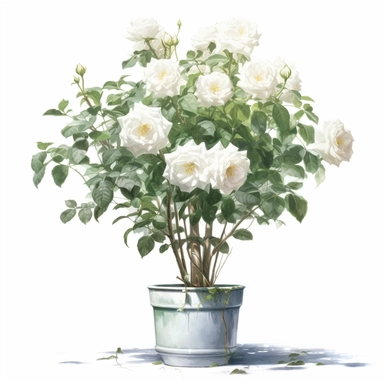 a simple gorgeous white rose flowers tree growing out from a pot on white background clipart, png, watercolor painting realistic, high quality, vibrant, Vicente Romero Redondo, Willem van Aelst, Elsa Beskow