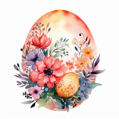 a bright watercolour composition of one easter egg with beautiful bold pattern surrounded by delicate flowers isolated on a white background for clipart or sticker, enchanting cottagecore style by digitalcurio, warm and cozy feeling, warm glowing lighting –no text fonts letters watermark words typography slogans signature