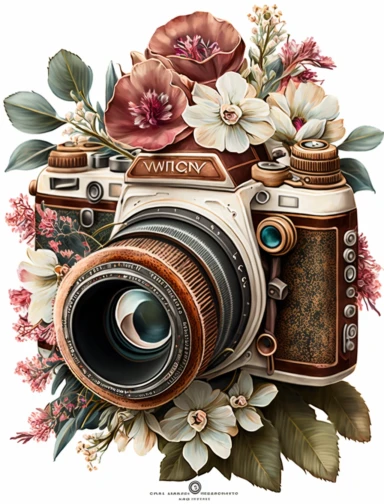 a watercolor old camera 1 photo lens only, colector's item, surrounded by an intricate arrangement of dramatic extravagant ultra realistic digital 3D giant brown and white lucky flowers, in the style of large-scale photography, lush detailing, used style, photorealistic, playfully intricate, made of flowers, bloomcore, 8K, clipart, clear background