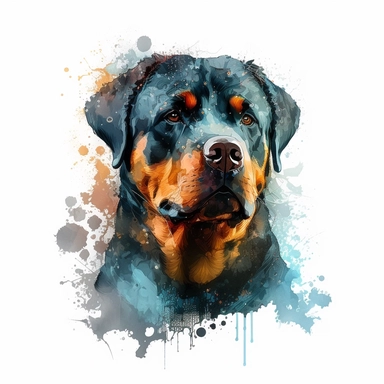 the Rottweiler is painted beautifully with watercolor splashes, in the style of light azure and dark amber, uhd image, avacadopunk, ferrania p30, elegant, emotive faces, high resolution, symmetrical, white background, no overflow, clipart