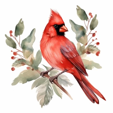 red cardinal bird, clipart, minimalism, watercolor, green leaves