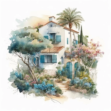 beautiful watercolor clipart of a view of a Mediterranean house in a village with plants near the Mediterannean sea, warm summer blue, aqua and white hues, compositions on an isolated white background. Bright landscapes illustrations, highly detailed
