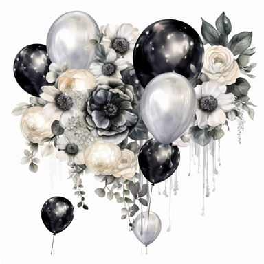 hand drawn balloon garland with shiny black white and silver balloons, white roses and white flowers with greenery, crystals, glamorous, very detailed and realistic, watercolor, clipart style, white background with margins
