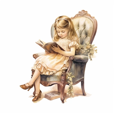 victorian vintage adorable little girl reading book on a vintage chair, full body, pastel beige colors, clipart style, watercolor technique, super high quality, professional watercolor clipart, high resolution, 8k