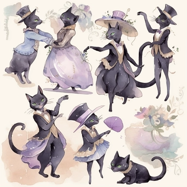 watercolor clipart, cats, dancing, Art Nouveau, highlty detailed