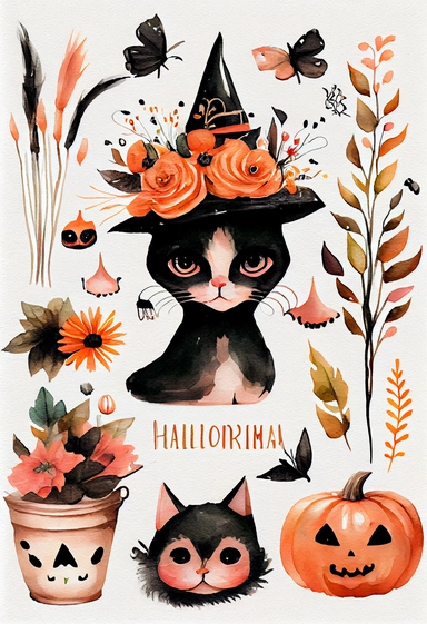 a pretty boho fun art collection on a white background with margins, pink orange and black Halloween cats spiders pumpkins witch hats, watercolor, clipart,