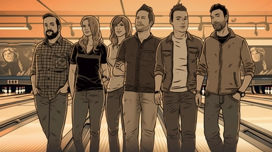 Illustration of relaxed people, Scandinavian men and women in their 40's smiling, concept art, clipart, wearing black hoodies, wearing jeans, full body shot, standing in a bowling lane, BRIGHT bowling alley background, hand drawing, drawn with lines, out of focus bowling alley background, pen drawing, simple lighting, magazine cover, 80mm, 8k, hdr