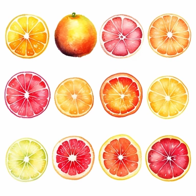 9 vibrant watercolor whole citruses individual elements clipart, in the style of spectacular backdrops, playful whimsicality, playful motifs, colorful whimsy, clipping art
