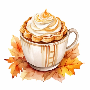 Watercolor illustration fall pumpkin pie, coffee mug, pies and leaves, in the style of knitted and crocheted, light white and beige, raw materials, wrapped, spiral group, charming characters, use of common materials , style by Lucy Fleming, watercolor, smooth gradients, black contour outline, ultra detailed, clipart elements, delicate pastel colors, solid white background, super clear, high quality