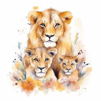 family, baby, lion and lioness,Watercolor Clipart high quality, white background , lion and lioness, cute, love