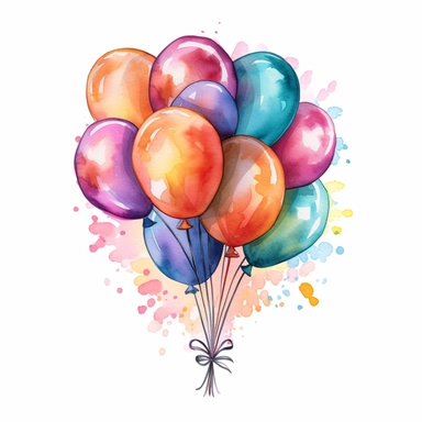 Generate a watercolor clip art image of a birthday balloon bouquet, featuring vibrant colors and a transparent background.