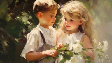An adorable clipart image featuring a girl and boy engaged in a caring and nurturing scene. Oil painting ina a realistic style inspiried by John Singer Sargent. The girl is depicted with a tender smile and gentle eyes, radiating kindness and compassion. She may be holding a flower or a small animal, symbolizing her love for nature and her nurturing nature. The boy is depicted with a warm and caring expression, showing empathy and support for the girl. They could be seen hugging, sharing a gentle