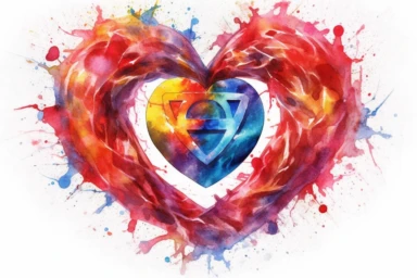 Watercolor, Generate a heart shape using intertwined superhero symbols or logos clipart, hd, on a white background, spaced out