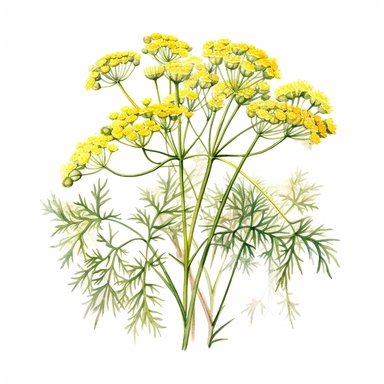 A clipart depicting a flowering fennel plant, featuring small yellow flowers clipart, white background, watercolor sophisticated drawing
