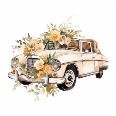 floral antique Mercedes Benz convertable car, watercolor Illustration, blavk and gold tones, Sublimation graphics, Watercolor clipart, single design, print on demand image, by Beatrix Potter, PNG transparent background, white background, 8k