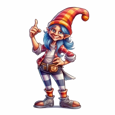 A delightful, hand-drawn clipart image of a friendly female gnome with no beard, dressed in a charming, brightly colored ensemble, sporting a tall, pointy hat, and standing with a welcoming smile, presented on a transparent background for versatile use