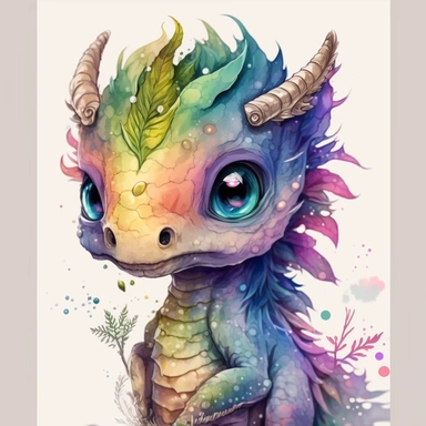 a watercolor painting of a Tiny cute adorable baby dragon looking directly into the camera and slightly smiling, dragon has little braid of hair in the centre, rainbow color, watercolor painted effect skin, intricate details, glass eyes, skip has watercolor painting effect, soft cinematic lighting, 8k, portrait, Pixar style character, pokemon anime style octane render, upper body only, inspired by Hanns Katz, logo, pastel colors, liquid cooled, 70's, clipart, chill out, retro, full body, white b