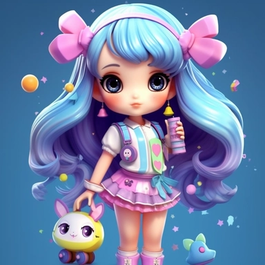 A cartoon 3D Korean cute girl in a blue dress,big eyes,long eyelashes,long black hair,elf-like girl,beautiful and cute,unique shape,white boots,hair with candy-shaped colorful hair clips,pink watch,purple necklace,carrying a transparent-colored unique shape school bag,colored earrings on the ears,and a personality headphones,a meta-universe futuristic look,and can't believe how cute it is! She's wearing stylish clothes,street trend style,and she's very happy with her smile,very charming!,High ke