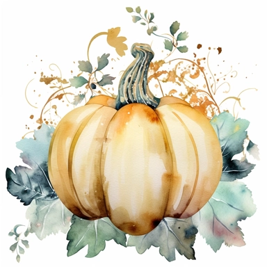 Watercolor pastel velvet boho pumpkin with gold ornate watercolor sitting on pumpkin leaves white background. clipart