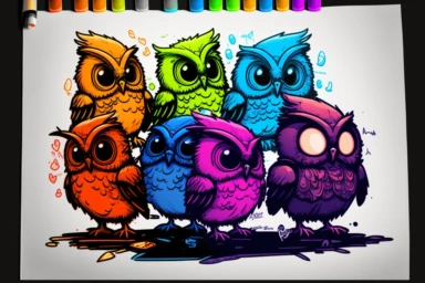 multiple clipart sheet, owl, neon in the style of skottie young, pixar character style