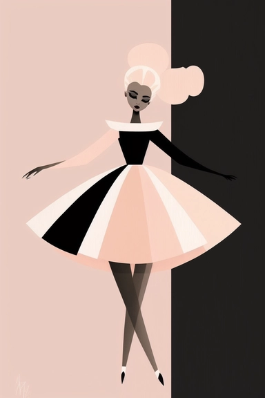 <https://s.mj.run/VafKh_OyowI> Mary Blair style, minimalistic nordic style single clipart, single black cheerleader fashion model, minimalistic pastel pink color palette,