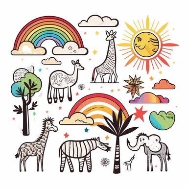 Simple vector drawing of ZEBRAS, giraffes, rainbow trees, suns, clouds, clipart, basic shapes, solid colors, joyful, doodle, sticker design, icons lineart white background