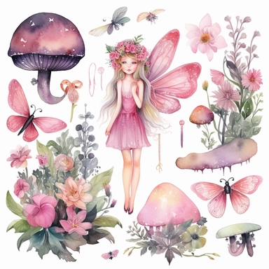 Pink Fairy watercolor clipart, enchanted forest, fairy tale graphics, nursery clipart, magical fairy, Junk Journal, black background