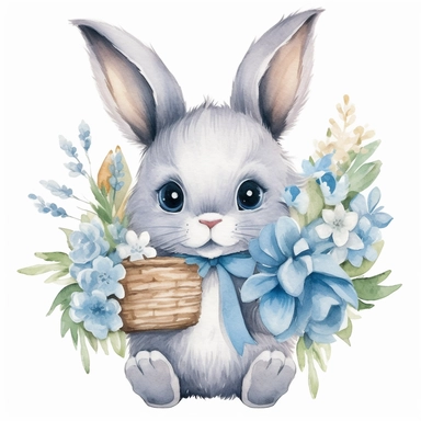 A sophisticated and enchanting collection of elegant watercolor clipart depicting a blue baby bunny holding a wildflower bouquet. The hand-painted bunny is lovingly rendered in soft, dreamy shades of blue that highlight its delicate features, expressive e