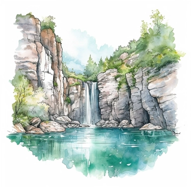 watercolor, hyper realistic, white background, white margins, 16k, ultra detailed clipart, cut out image, hand-drawn a gentle waterfall flowing into the lake, surrounded by rocks and a serene natural landscape. Soft pastel shades inspired by nature, such as pale blue, mint green, lavender, baby pink, and light yellow.