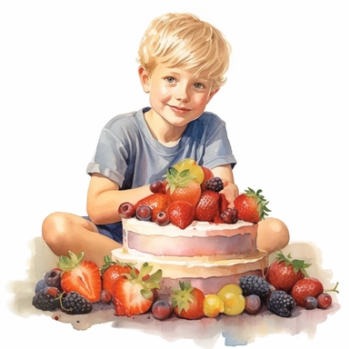 watercolor but really realistic looking child and a cake full of summer fruits clipart, 8K