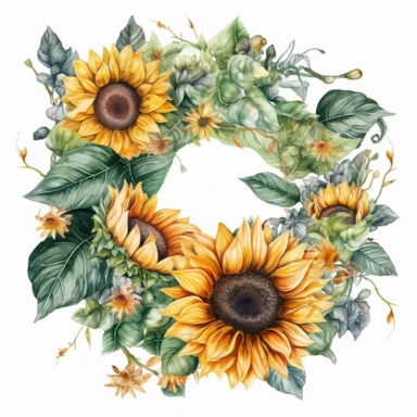 water color sunflower, circle wreath, clipart, flower and leaves, beautiful, detailed, wedding invites, white background