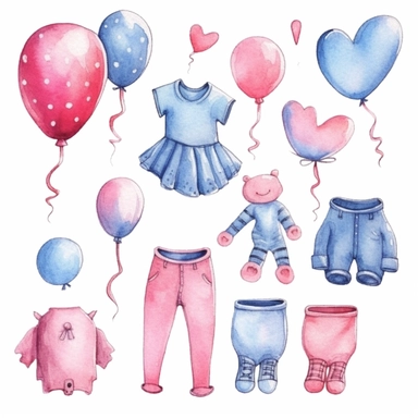 watercolor illustration, cute gender reveal doodle clipart, boy or girl, high resolution, detailed doodle, white background, items clipart for baby shower gender reveal, mom to be