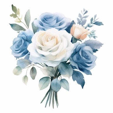 Watercolor dusty blue four roses clipart, four roses bouquet, muted color faded, white background