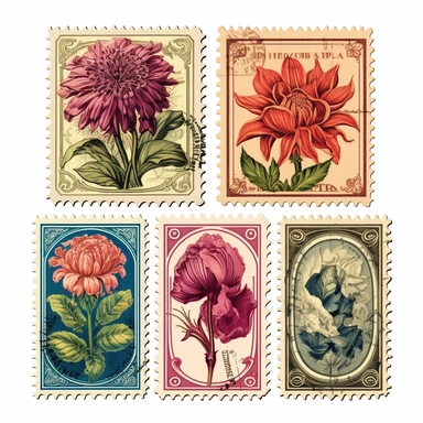 a set of four vintage floral stamps, collection, with margins, clipart, isolated on solid white background