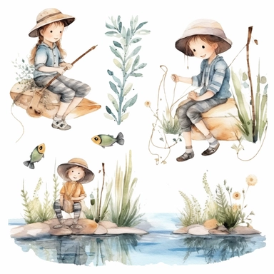 Watercolor boho fishing near a beautiful stream, illustrations clipart set, simple, soft colors, cartoon elements, different variants, cute little boy and girl fishing, separate elements with a margin
